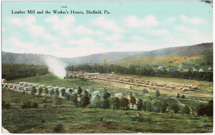 Postcard of lumber industry in Sheffield township