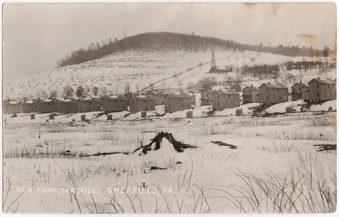 Postcard of lumber industry in Sheffield township