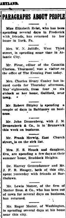 The Evening Post, Frederick County, Maryland Glances, Personals, Brief Mentions Thurs., May 11, 1911, page 2