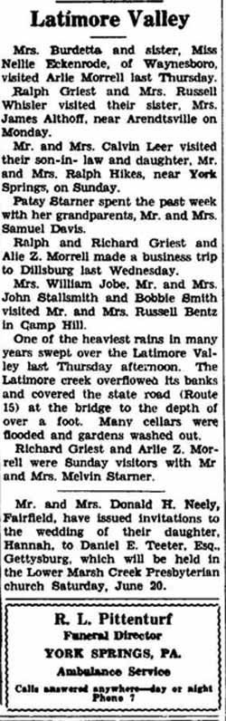 From the News Comet, East Berlin, Pa., June 12, 1942, page 3, for Latimore Valley, PA.