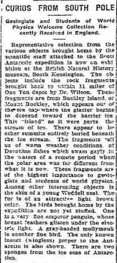 1914 article about  the Scott Antarctic expedition exhibit British Natural History museum, South Kensington