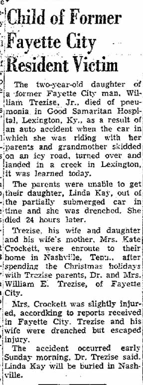 Obituary of Linda Kay TREZISE 1957 two year old daughter of Mr. and Mrs. William TREZISE, Jr