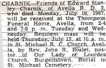 Funeral Notice of Edward Stanley CHARNIK 1967