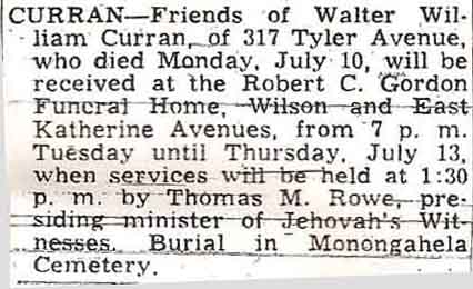 Funeral Notice of Walter William Curran 1967