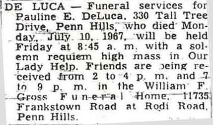 Funeral Notice of Pauline E. DeLuca 1967