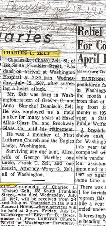 Obituary of Mr. Charles L. (Chase) Zelt 1967