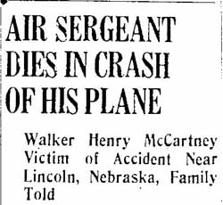 Newspaper article header for plane crash of Staff Sergeant Walker Henry McCartney