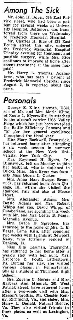 The Evening Post, Frederick County, Maryland 1949 Sick List and Personals