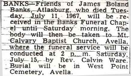 Funeral Notice of James Boland Banks, Atlasburg PA