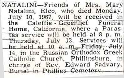 Funeral Notice of Mrs. Mary Natalini of Elco PA 1967