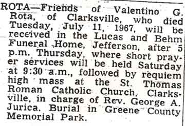 Funeral Notice for Valentino G. ROTA 1967