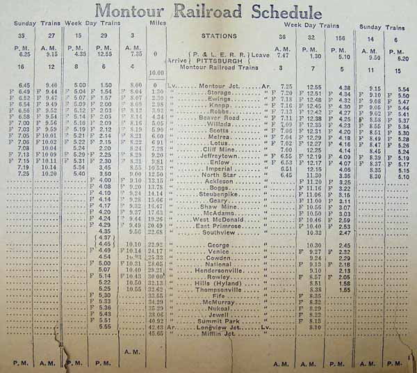 Montour Railroad Schedule from January 1915 for McDonald PA and northern Washington Co PA locations