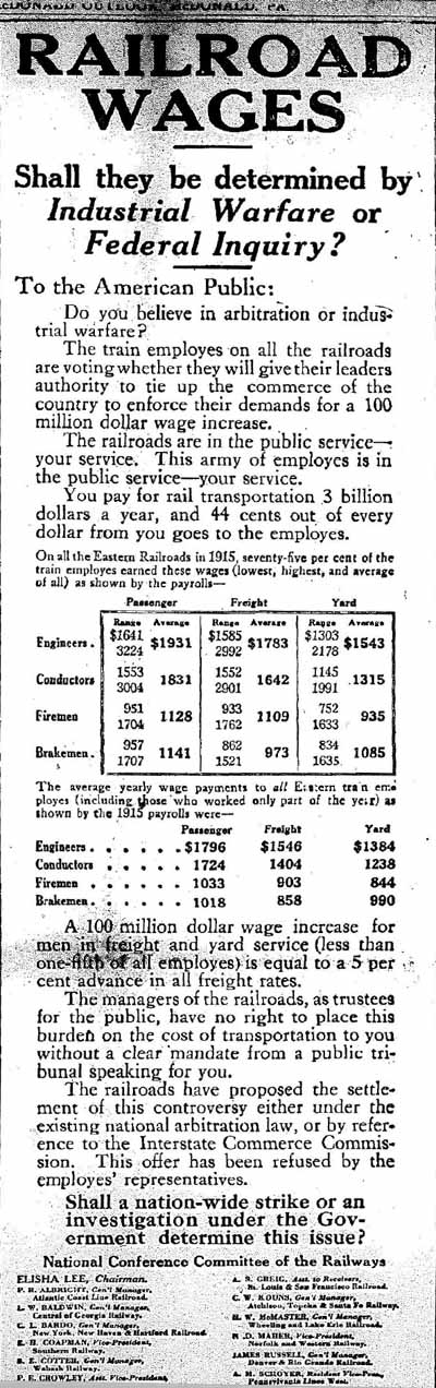 1916 article about Railroad Wages