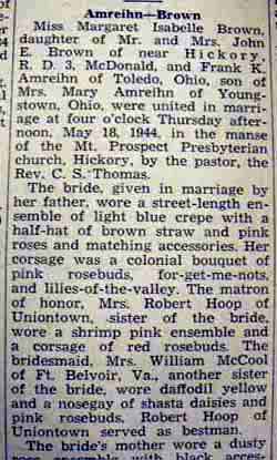 Part 1 Wedding Announcement for Frank K. AMREIHN to Margaret Isabelle Brown, 18 May 1944