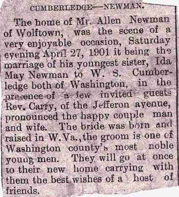 Ida May Newman weds William S. Cumberledge