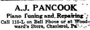 Ad for A. J. PANCOOK Piano Tuning & Repair