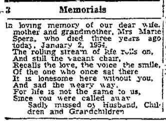 Memorial for Mrs. Marie SPERA died Jan 2 1954