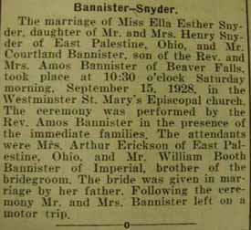 Marriage Notice for Courtland BANNISTER to Ella Esther Snyder, 15 Sep 1928