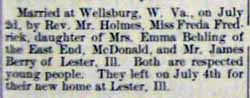 Marriage Notice for 
James BERRY to Freda Fredrick, 2 Jul 1909