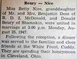 Marriage notice for Donald BEURY to Betty Nice, 25 Aug 1947