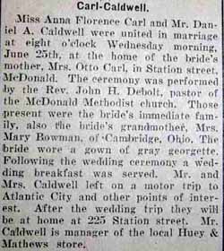 Marriage Notice for Daniel A. CALDWELL to Anna Florence Carl, Wednesday, June 25, 1924