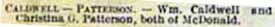 Marriage Notice for Wm. CALDWELL to Christina G. Patterson