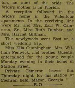 Marriage Notice for  Earl Wilbur CAMERON  Jr. to Mary Kathryn Dunbar, Jan. 22, 1943