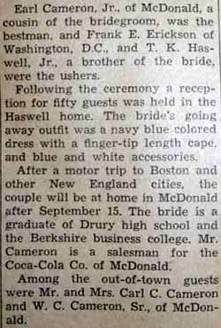 Part 2 Marriage Notice for Charles William CAMERON to Doris Elaine Haswell,  September 3, 1938