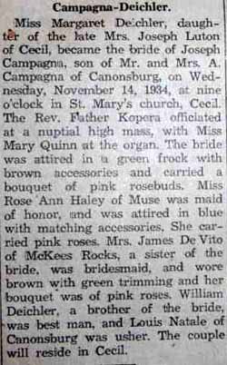 Marriage notice for Joseph CAMPAGNA to Margaret Deichler, November 14, 1934