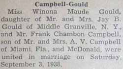 Article 1 Marriage Notice for Frank Chambon CAMPBELL to Winona Maude Gould,  September 3, 1938