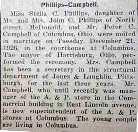 Marriage Notice for Peter C. CAMPBELL to Stella C. Phillips,Tuesday, December 21, 1926