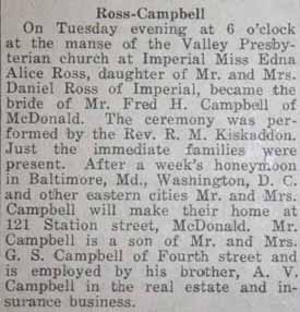 Marriage Notice for Fred H. CAMPBELL to Edna Alice Ross,December 12, 1922