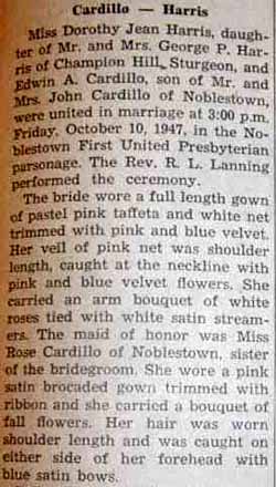 Part 1 Marriage Notice for Edwin A. CARDILLO to Dorothy Jean Harris, 10 Oct 1947