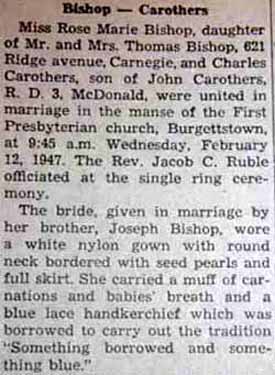 Part 1 Marriage Notice for Charles CAROTHERS to Rose Marie Bishop, 12 Feb 1947