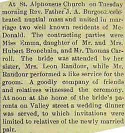 Marriage Notice for Thomas CARROLL to Emma Bronchain, no date, in 7-14-1905 paper