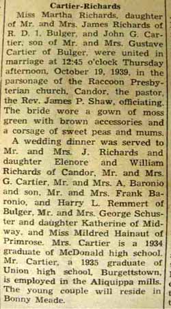 Marriage Notice for 
        John G. CARTIER to Martha Richards, 19 Oct 1939
