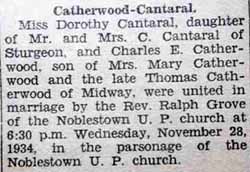 Marriage Notice for Charles E. CATHERWOOD to Dorothy Cantaral, 28 Nov 1934