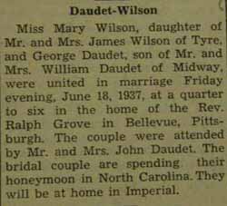 Marriage Notice for 
George DAUDET to Mary Wilson, 18 Jun 1937