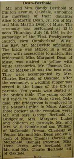 Marriage Notice for 
Martin DEAN, Jr. to Alice Berthold, 16 Jul 1936
