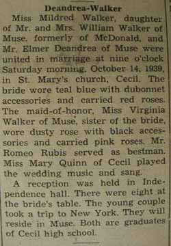Marriage notice for 
Elmer DeANDREA to Mildred Walker, 14 Oct 1939