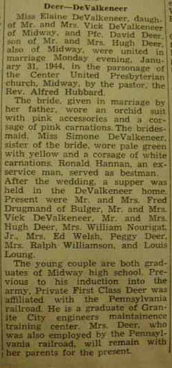 Marriage Notice for David DEER to Elaine DeValkeneer, 31 Jan 1944