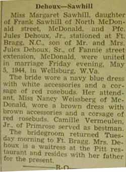 Marriage Notice for Jules DeHOUX, Jr. to Margaret Sawhill, 5 May 1944