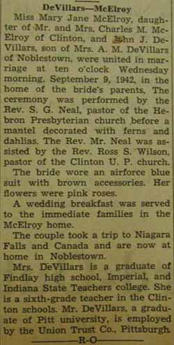 Marriage Notice for John J. DeVILLARS to Mary Jane McElroy, 9 Sep 1942