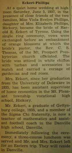 Marriage Notice for Harold E. ECKERT to Viola Evelyn Phillips, 5 Jun 1937