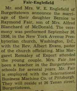 Marriage for Raymond FAIR to Bernice Englefield, 26 Sep 1936