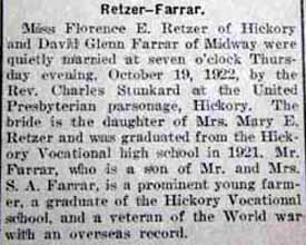 Marriage Notice for David Glenn FARRAR to Florence E.
Retzer, 19 Oct 1922