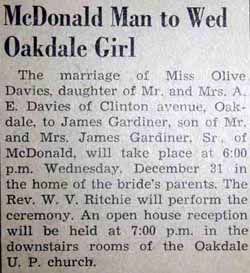 Marriage Notice for James GARDINER to Olive Davies, 31 Dec 1947
