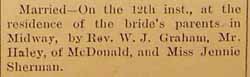 Marriage Notice for Mr. HALEY to Jennie Sherman, 12 Oct 1892