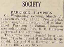 Marriage Notice for  Samuel HAMPSON to Miss Margaret PARKISON, March 17, 1920