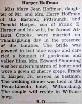 Marriage Notice for Donald HARPER to Mary Jean Hoffman, 24 Nov 1938